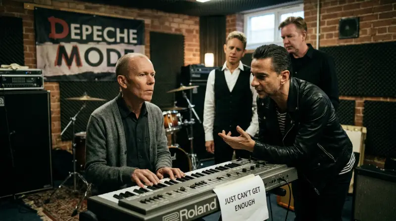 Fotografía en tono nostálgico de un ensayo musical de principios de los 80 en un estudio con paredes de ladrillo. Un músico maduro parecido a Vince Clarke toca un sintetizador Roland con una etiqueta que dice "JUST CAN'T GET ENOUGH", mientras los integrantes de Depeche Mode interactúan a su alrededor bajo una pancarta con el nombre de la banda. 