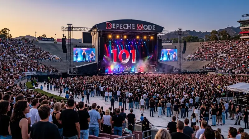 Vista panorámica desde la grada de un multitudinario concierto de Depeche Mode en el estadio Rose Bowl de Pasadena. Al fondo destaca un gran escenario con pantallas gigantes que muestran la cifra "101" iluminada y a los integrantes de la banda tocando frente a miles de espectadores durante el atardecer.
