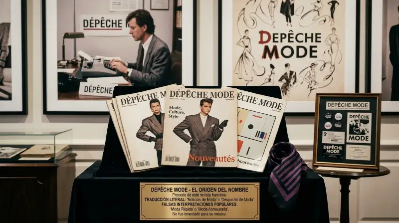Exposición temática tipo museo que muestra varios ejemplares impresos de la revista de moda francesa Dépêche Mode sobre una mesa. Delante de la exhibición hay una placa de latón grabada que explica en español el origen del nombre de la banda, sus traducciones literales y las interpretaciones populares asociadas.