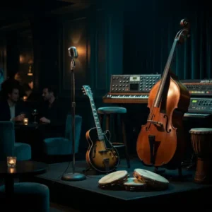 Escenario musical con sintetizadores, guitarra de jazz y percusión brasileña que evoca las versiones de Depeche Mode realizadas por Nouvelle Vague.