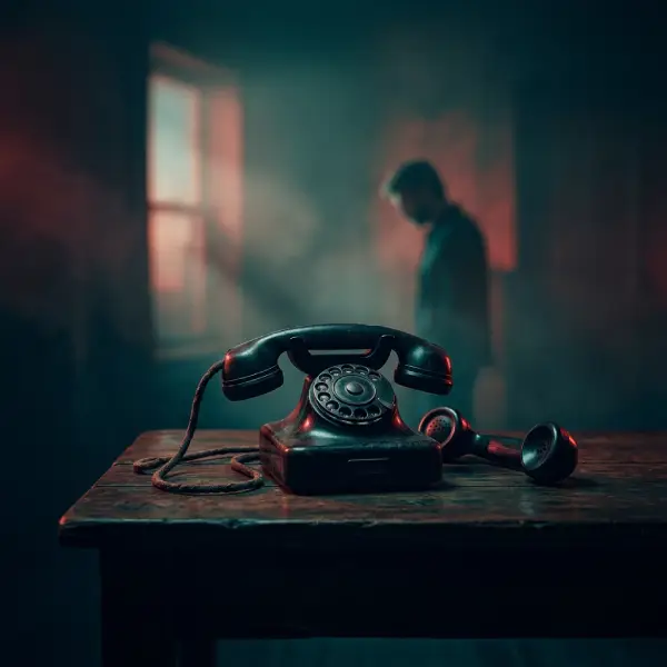Fotografía de estilo editorial, con una composición cuadrada (1:1), que captura una atmósfera sombría en una habitación en penumbra. En el centro, sobre una mesa de madera rústica, descansa un teléfono vintage negro con el receptor descolgado y apoyado a un lado. Al fondo, a través de una densa bruma y una iluminación dramática en tonos carmesí y azul verdoso (teal), se distingue la figura borrosa de un hombre de pie, cerca de una ventana. La imagen presenta un alto contraste, texturas realistas y no contiene logotipos ni texto.