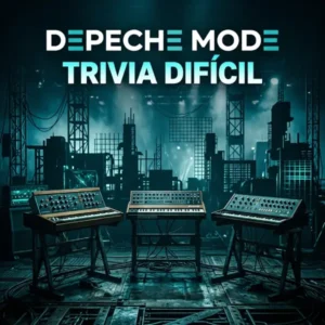 Depeche Mode Curiosidad Trivia Trivia difícil de Depeche Mode con sintetizadores electrónicos y una ambientación oscura inspirada en su evolución musical.