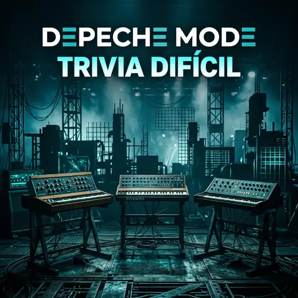 Trivia difícil de Depeche Mode con sintetizadores electrónicos y una ambientación oscura inspirada en su evolución musical.