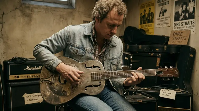 Ilustración editorial cinematográfica en formato horizontal (16:9) en plano medio. Muestra a un guitarrista de aspecto similar a Mark Knopfler sentado en una habitación de tonos cálidos y envejecidos. Sostiene y toca con los dedos una emblemática guitarra metálica resofónica estilo National Resonator, destacando sus acabados cromados y las aberturas en forma de 'F'. Al fondo se observan amplificadores vintage y notas adhesivas manuscritas con apuntes técnicos ("R&J Technique - National"), capturando un momento íntimo de creación musical y virtuosismo acústico.