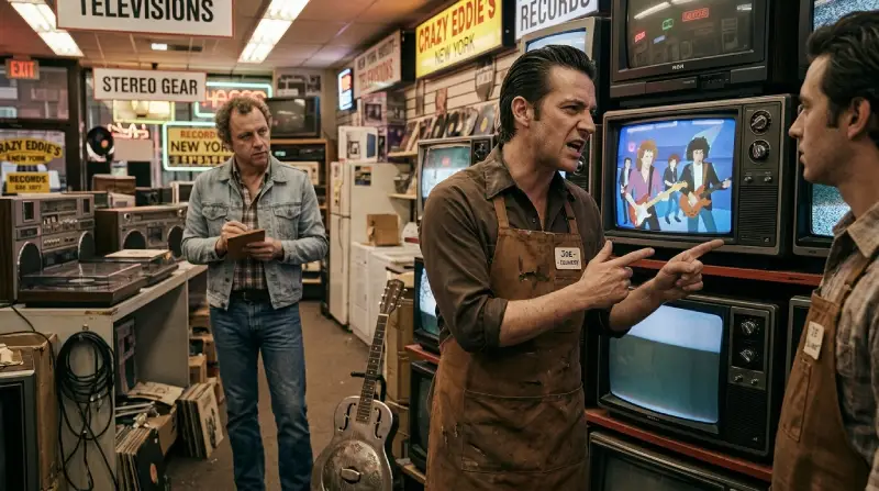 Ilustración editorial cinematográfica en formato horizontal (16:9) ambientada dentro de una tienda de electrodomésticos y televisores retro en Nueva York durante los años 80. En primer plano, a la derecha, un empleado con delantal señala enfáticamente una pantalla de televisión CRT encendida que muestra un videoclip animado de la época. A la izquierda, un cliente en segundo plano con chaqueta de mezclilla y libreta en mano observa y escucha discretamente la escena, apoyado cerca de estantes repletos de televisores apilados, equipos de sonido y letreros de neón.
