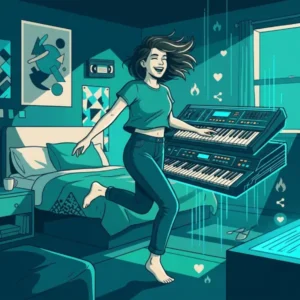 Joven bailando junto a un teclado en una escena que combina la estética musical de los años ochenta con la cultura digital actual, evocando la popularidad renovada de “Walk of Life” de Dire Straits.