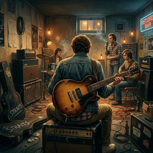Guitarrista durante un ensayo en un local británico de finales de los años setenta, en una escena inspirada en la historia y el sonido de Dire Straits.