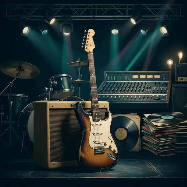 Guitarra eléctrica, amplificador vintage y equipo de grabación en un escenario inspirado en la trayectoria de Dire Straits.