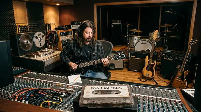 Fotografía en formato panorámico (16:9) que muestra a Dave Grohl en un estudio de grabación profesional rodeado de instrumentos y equipo técnico. En primer plano, sostiene una guitarra eléctrica mientras está sentado frente a una consola de mezclas donde descansa un casete antiguo con la etiqueta escrita a mano "FOO FIGHTERS". Al fondo se aprecian una batería, amplificadores de las marcas VOX y Mesa Boogie, y una máquina de cinta de carrete abierto.