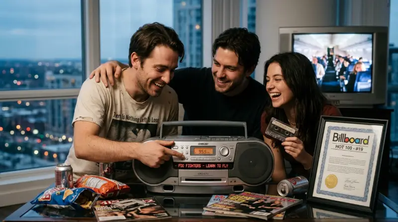 Fotografía panorámica (16:9) de estilo de finales de los 90 que muestra a tres amigos sonrientes reunidos en una sala. En el centro, sobre una mesa de centro con refrescos y snacks, un minicomponente o boombox plateado muestra en su pantalla digital el texto "FOO FIGHTERS - LEARN TO FLY". A la derecha, destaca un cuadro enmarcado que certifica el logro en "Billboard HOT 100 - #19". Al fondo, una televisión CRT reproduce el famoso video musical de la canción dentro de un avión.