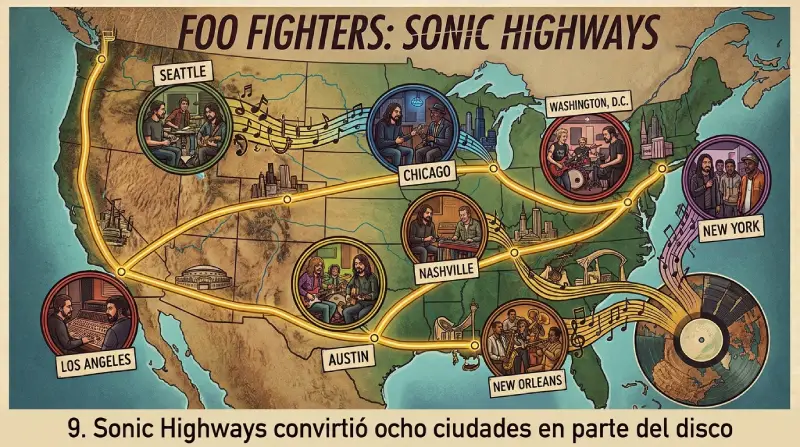 Mapa ilustrado de estilo vintage de los Estados Unidos que representa el proyecto "Foo Fighters: Sonic Highways". El mapa muestra rutas musicales en forma de carreteras doradas y pentagramas que conectan ocho ciudades destacadas en viñetas circulares: Seattle, Chicago, Washington, D.C., Nueva York, New Orleans, Austin, Nashville y Los Ángeles, confluyendo hacia un disco de vinilo en la esquina inferior derecha. En la parte superior e inferior se leen los títulos explicativos del disco y del punto del artículo.