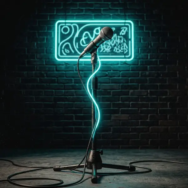 Fotografía en formato cuadrado (1:1) de un micrófono de estudio vintage iluminado por un tenue resplandor azul cian sobre un fondo oscuro de ladrillos, evocando la atmósfera íntima y provocadora de una sesión de grabación noventera.