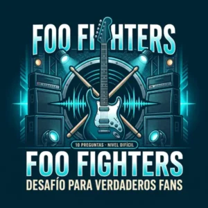 Foo Fighters curiosidad Trivia Trivia difícil de Foo Fighters con guitarra eléctrica, baquetas y luces de escenario en tonos azul petróleo y cian.