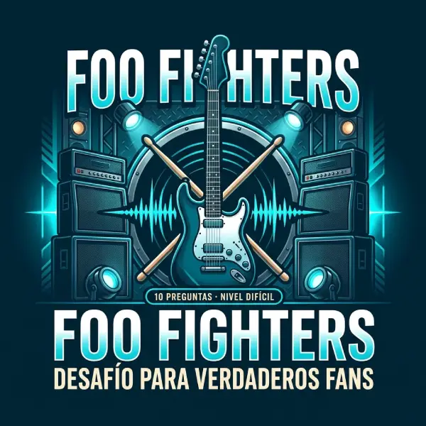 Trivia difícil de Foo Fighters con guitarra eléctrica, baquetas y luces de escenario en tonos azul petróleo y cian.