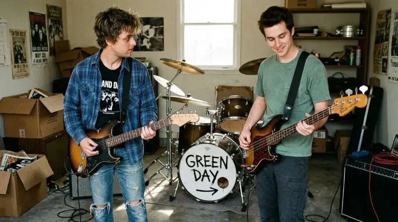 Ilustración en estilo fotográfico que muestra a Billie Joe Armstrong tocando la guitarra y a Mike Dirnt con el bajo en una sala de ensayo desordenada. Al fondo, se ve un kit de batería con un bombo que lleva escrito "GREEN DAY" y una flecha, evocando los primeros años de la banda antes de la llegada de Tré Cool.