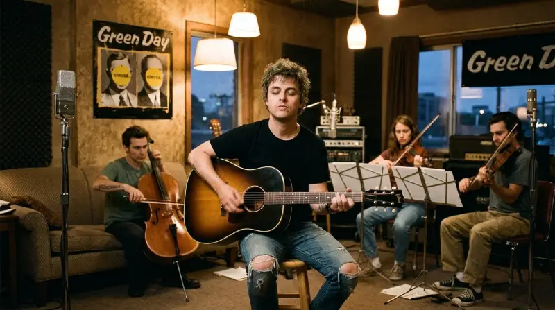Imagen de Green Day en un estudio de grabación con una atmósfera íntima y cálida. Billie Joe Armstrong aparece al centro tocando una guitarra acústica con los ojos cerrados, acompañado de músicos con instrumentos de cuerda (violonchelo y violines), simbolizando el sonido acústico de "Good Riddance (Time of Your Life)".