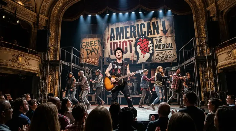 Fotografía teatral que muestra a un actor caracterizado como Billie Joe Armstrong cantando con una guitarra acústica sobre el escenario de un teatro. Detrás se aprecian telones y escenografía con carteles del musical "American Idiot" de Broadway, frente a una audiencia expectante.
