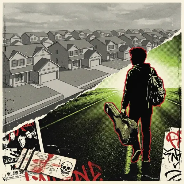Ilustración gráfica de estilo punk en verde ácido y negro que contrapone casas idénticas de un suburbio gris con la silueta de un joven caminando hacia la carretera con una guitarra al hombro.