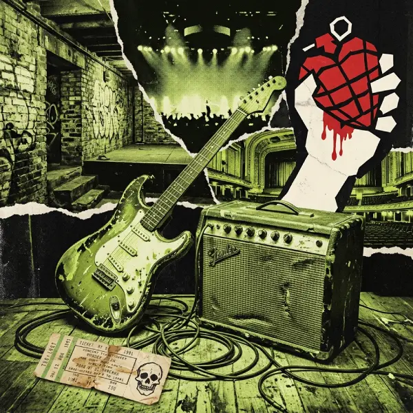 Green Day Curiosidad Destacada Guitarra eléctrica y amplificador en un escenario punk que simbolizan la evolución de Green Day desde los clubes independientes hasta los grandes escenarios.