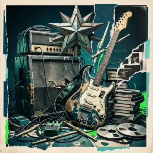Green Day Curiosidad Trivia Guitarra eléctrica, amplificador y cinta magnética en una composición punk que representa una trivia difícil sobre la carrera musical de Green Day.