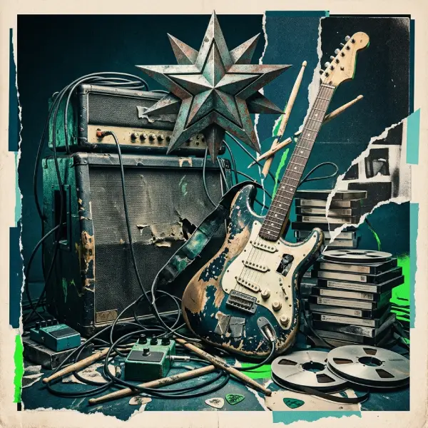 Guitarra eléctrica, amplificador y cinta magnética en una composición punk que representa una trivia difícil sobre la carrera musical de Green Day.