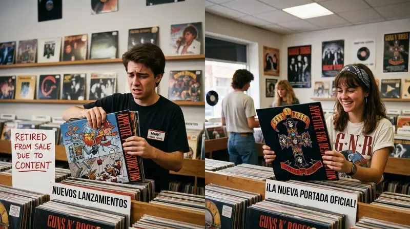 Dos personas en una tienda de discos sosteniendo portadas de Guns N’ Roses; a la izquierda, un joven observa con desaprobación la polémica portada original ilustrada por Robert Williams, y a la derecha, una joven sonríe mientras muestra la clásica cruz con calaveras diseñada por Billy White Jr.