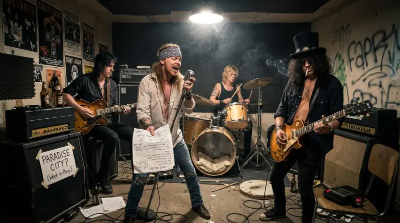 Los integrantes de Guns N’ Roses ensayando en un estudio con paredes de aislamiento acústico, rodeados de amplificadores, partituras y notas de trabajo para la composición de sus canciones en los inicios de la banda.
