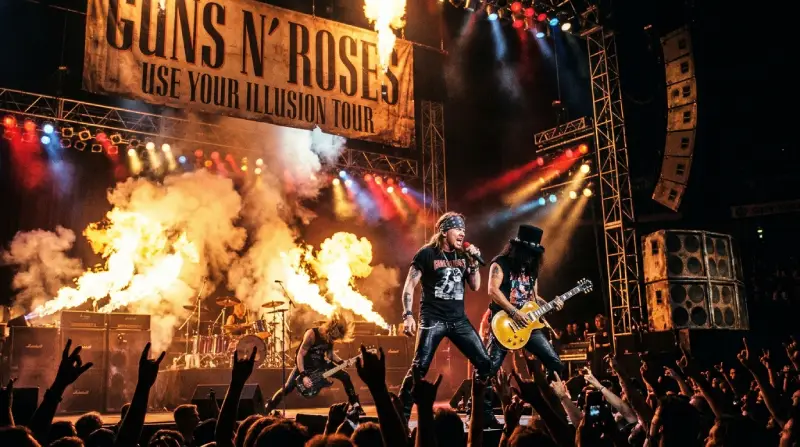 Axl Rose y Slash interpretando en directo sobre un escenario rodeado de pirotecnia y llamaradas de fuego durante la gira Use Your Illusion Tour, con el público entregado en primer plano.