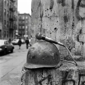 Fotografía en blanco y negro de un micrófono de estudio colocado sobre un viejo casco militar contra una pared de concreto, representando la intersección entre la música de protesta y el conflicto bélico.