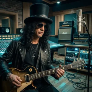 Slash de Guns N’ Roses con su guitarra eléctrica en un estudio de grabación, en referencia a los planes de la banda para trabajar en nueva música durante 2027.