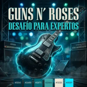 Trivia difícil de Guns N’ Roses con una guitarra eléctrica y estética industrial de hard rock en tonos azul petróleo y cian.