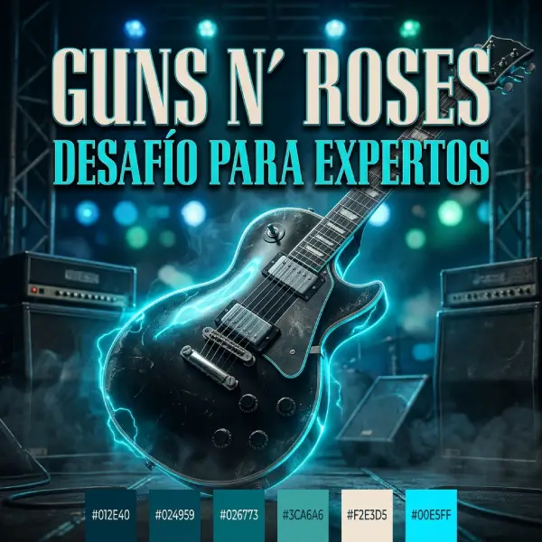 Trivia difícil de Guns N’ Roses con una guitarra eléctrica y estética industrial de hard rock en tonos azul petróleo y cian.