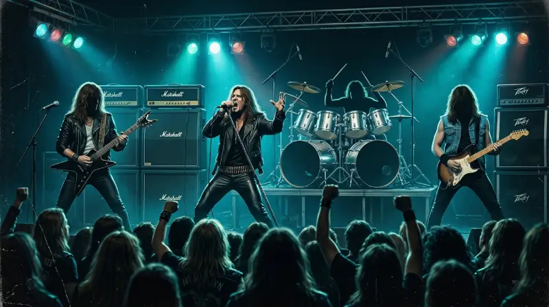 Recreación editorial de un concierto de Helloween durante la etapa que definió el sonido clásico del power metal.