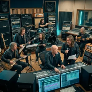 Representación ficticia de Helloween y sus siete integrantes en un estudio de grabación, en referencia al próximo álbum sucesor de Giants & Monsters.