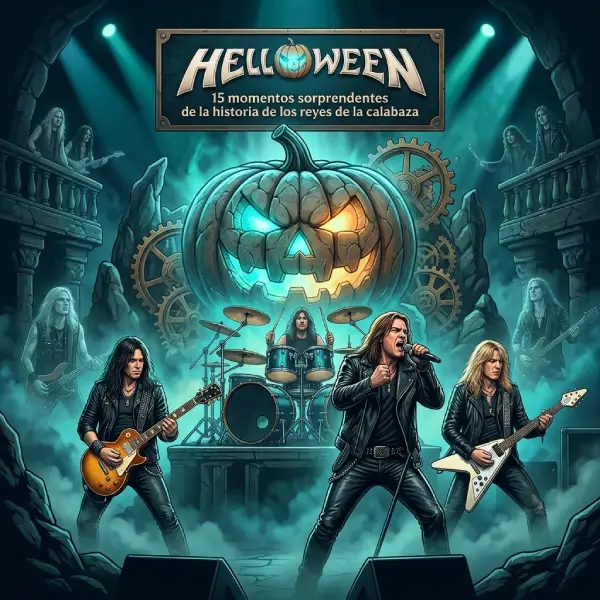 Helloween Destacada Helloween, la banda alemana de power metal, en una recreación editorial con una calabaza emblemática y una atmósfera de concierto.