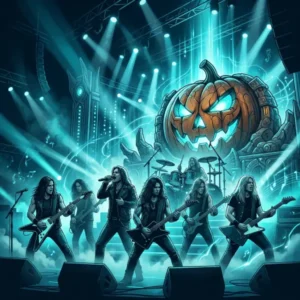Helloween Trivia Helloween en una recreación editorial de concierto con una calabaza emblemática para una trivia sobre la carrera de la banda alemana de power metal.