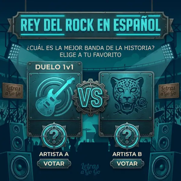 Diseño editorial 1:1 de un duelo interactivo del Rey del Rock en Español con la pregunta ¿Cuál es la mejor banda de la historia?, mostrando cartas de enfrentamiento y botones de votación.