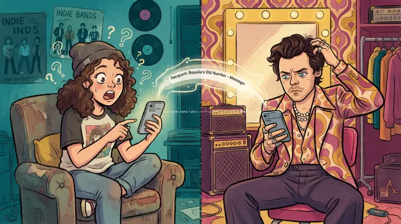 Recreación cómica del desconocido que recibió los mensajes destinados a Rosalía y de Harry Styles al descubrir el error.