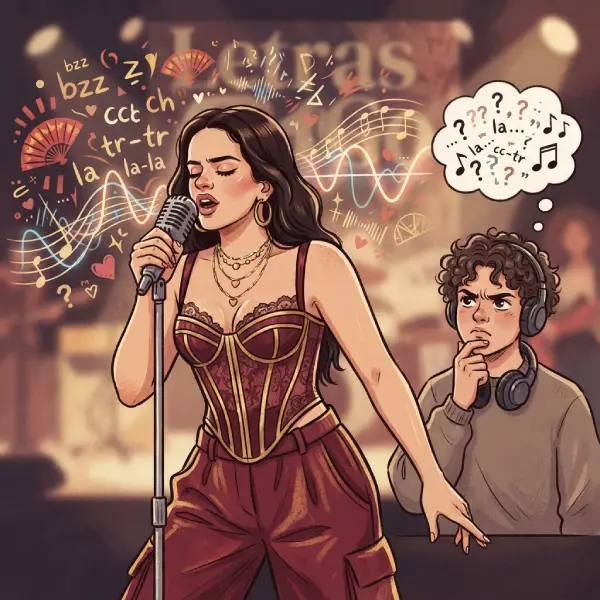 Ilustración de Rosalía interpretando Bizcochito mientras un oyente intenta distinguir entre las palabras y la musicalidad de su voz.