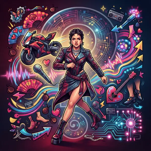 Rosalía rodeada de elementos musicales y un signo de interrogación en una ilustración inspirada en el universo de MOTOMAMI.