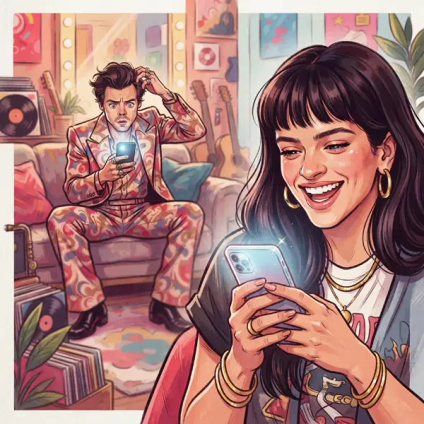 Rosalía destacada Ilustración cómica de Rosalía y Harry Styles relacionados con la anécdota de un mensaje enviado al antiguo número telefónico de la cantante.